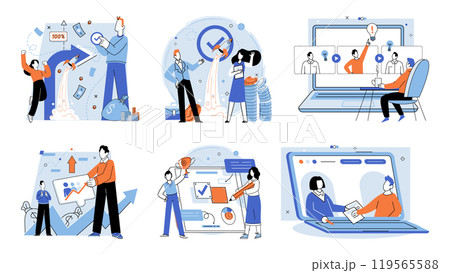 Business people conference group concepts set. Company personnel training, career development course. Virtual meeting, online teamwork and communication. Online skull session, webinar and consultation Business people conference group concepts set. Company personnel training, career development course. Virtual meeting, online teamwork and communication. Online skull session, webinar and consultation 119565588