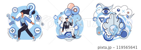 Mindset. Person with question mark, individual with balloons and a thinker illustrate exploration, creativity, and imagination. Ideal for curiosity, problem-solving, innovation, creativity 119565641