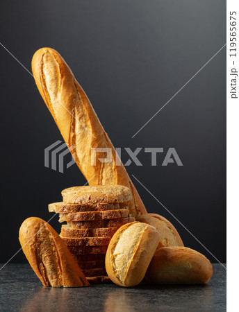 Bread on a black stone table. Bread on a black stone table. 119565675
