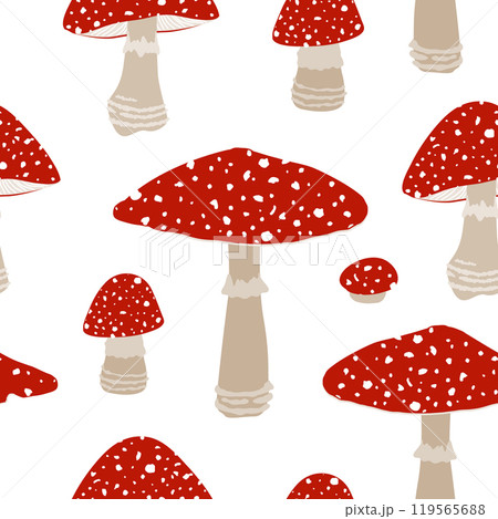 Seamless Pattern with Hand Drawn Fly Agaric Mushrooms on a White Background. Amanita Muscaria Cartoon Design Template. Vector illustration. Seamless Pattern with Hand Drawn Fly Agaric Mushrooms on a White Background. Amanita Muscaria Cartoon Design Template. Vector illustration. 119565688