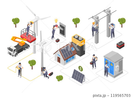 Isometric smart electricity. Clean electrical energy, wind turbines solar system. Professionals working with power systems, flawless vector 3d concept 119565703