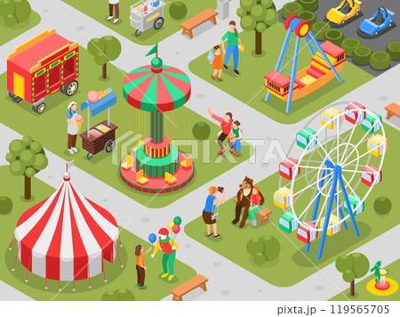 Isometric amusement park. Parents with children walking, eating ice cream, ride on swings and take photos with actors. Circus flawless vector scene 119565705