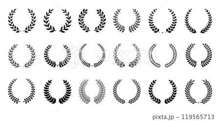 Laurel wreath set. Black wreaths silhouettes, winners olive elements. Decorative branches frames, ornaments, decor for banners, neoteric vector clipart 119565713