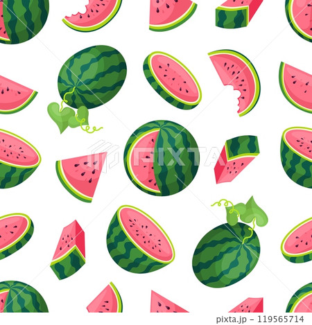 Watermelon juicy slices seamless pattern. Isolated cartoon watermelons plants. Sweet fruits or giant berries. Fresh food print neoteric vector design 119565714