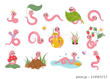 Cute cartoon worms. Cute worm with pear leaf berry, looking from in soil pile, sitting on mushroom. Wild garden insects, nowaday vector creatures set 119565717