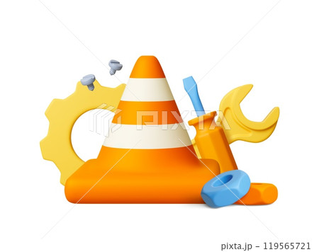 3d Repair 3d scene. Plastic traffic cone, screws, gears, nuts, screwdriver and adjustable wrench. Isolated renovation symbols, render realistic vector icons 119565721