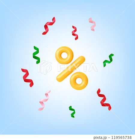 3d Discount time 3d icon. Gold percent symbol, flying confetti. Realistic render elements for sale in shop store supermarket ad. Discounts start vector scene 3d Discount time 3d icon. Gold percent symbol, flying confetti. Realistic render elements for sale in shop store supermarket ad. Discounts start vector scene 119565738