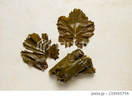 preserved grape leaves for dolma , top view, on a white table, 119565754
