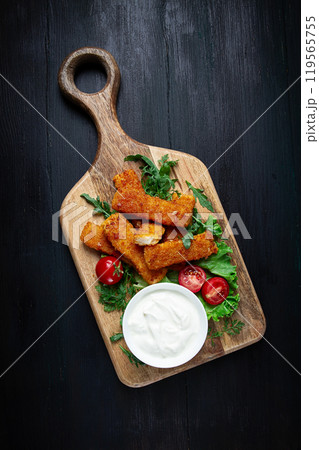 fried fish nuggets, with white sauce, arugula and cherry, no people, fried fish nuggets, with white sauce, arugula and cherry, no people, 119565755