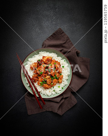 fried chicken teriyaki with rice, green onion and sesame, homemade, no people, 119565759