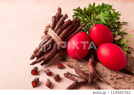 Madder dye, Endro, rhizome for egg coloring, viva magenta color, Easter, Georgia, 119565762