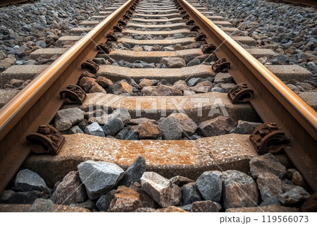 Close-up view Vintage railroad tracks over pebbles Generative AI 119566073