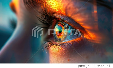 Eye amazingly beautiful and colourful sunset reflected inside a person Generative AI 119566221