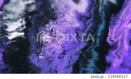 Liquid galaxy. Fluid glitter drip. Defocused purple black white color shimmer paint spill drop flow wave stream abstract art background. 119566527