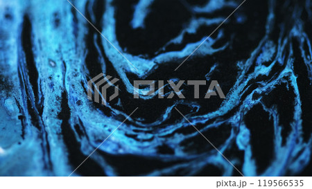 Color marble. Fluid dye drip. Defocused neon blue black shimmering metallic paint spill wet gloss serum flow abstract art background. 119566535