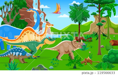 Prehistoric dinosaurs of Jurassic era on dino park landscape, vector background. Funny cartoon dinosaurs and prehistoric lizard characters in Jurassic jungle or forest for kids paleontology park Prehistoric dinosaurs of Jurassic era on dino park landscape, vector background. Funny cartoon dinosaurs and prehistoric lizard characters in Jurassic jungle or forest for kids paleontology park 119566633