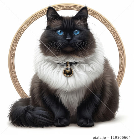 A fluffy cat with striking blue eyes sits gracefully in front of a decorative circular design, showcasing its luxurious black and white fur. The atmosphere is charming and inviting. 119566664