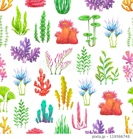 Cartoon underwater seaweed plants in seamless pattern, vector background. Coral reef plants pattern of ocean undersea colorful seaweeds and aquarium and sea algae with actinia flowers and leaves 119566748