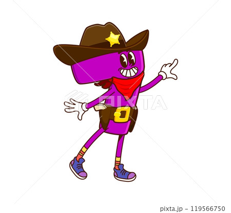 Cartoon groovy math number seven cowboy and sheriff character. Isolated vector digit 7 personage wearing ten-gallon hat, guns and star badge, solves equations, maintains order in mathematical frontier 119566750