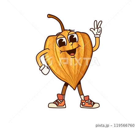 Groovy tropical physalis fruit character. Cartoon vector cheerful, ripe and healthy berry personage with expressive eyes and sneakers is smiling, and flashing peace sign, showcasing positive vibes 119566760