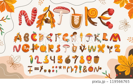 Cartoon fall autumn font, Thanksgiving type, autumnal funny alphabet letters and numbers of autumn leaves, mushrooms, raindrops. Vector typography alphabet characters font, thanksgiving pie and apples 119566765