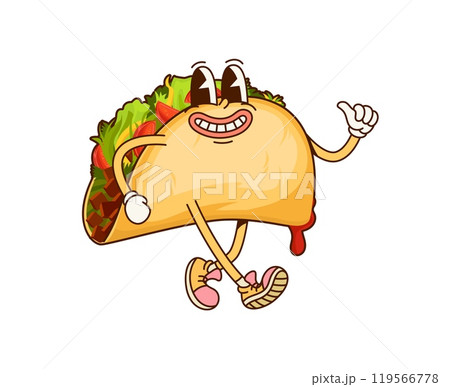 Cartoon mexican fast food taco groovy character. Junk menu snack childish cartoon funky mascot, takeaway cafe taco or fast food restaurant meal cute vintage isolated vector groovy personage 119566778