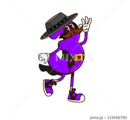 Cartoon groovy math number three cowboy and bandit character cheerfully walking with a numerical flair. Isolated vector adventurous, wild west criminal personage in black mask and cape ready to learn Cartoon groovy math number three cowboy and bandit character cheerfully walking with a numerical flair. Isolated vector adventurous, wild west criminal personage in black mask and cape ready to learn 119566780