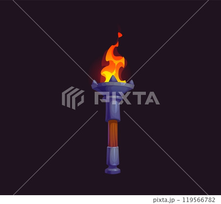 Game medieval fire torch with a bright burning flame, represents light, fire and adventure, for fantasy, pirate or historical game. Cartoon vector blazing torchlight with wooden handle and metal bowl 119566782