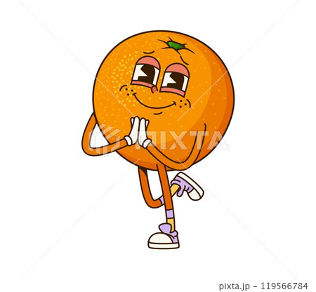 Cartoon retro groovy orange fruit character exuding sense of calmness and fun. Isolated vector ripe and cheerful tropical tangerine or mandarin citrus fruit retro personage in sneakers, clapping hands 119566784