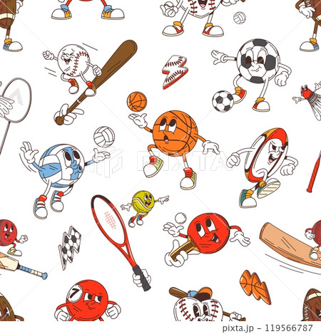 Retro groovy sport characters seamless pattern background, vector cartoon balls. Comic groovy sport characters pattern of funky volleyball and freaky baseball bat with rugby ball and badminton racket 119566787