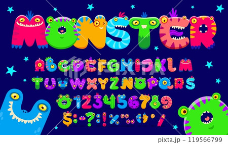 Cartoon monster font, bugaboo type, bogle typeface, scarecrow alphabet vector typography of funny Halloween aliens, fantasy animals, dragons. Cute monster characters in shape of letters and numbers Cartoon monster font, bugaboo type, bogle typeface, scarecrow alphabet vector typography of funny Halloween aliens, fantasy animals, dragons. Cute monster characters in shape of letters and numbers 119566799