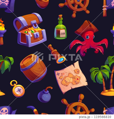 Cartoon game pirate characters and items seamless pattern. Vector tile backgrounds with treasure chest, map, rum bottle, octopus and compass, steering wheel, bomb, spyglass and palm tree with torch Cartoon game pirate characters and items seamless pattern. Vector tile backgrounds with treasure chest, map, rum bottle, octopus and compass, steering wheel, bomb, spyglass and palm tree with torch 119566810