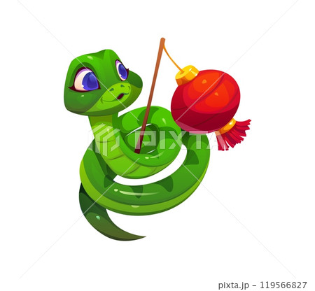 Cartoon green snake holding traditional red Chinese lantern. Isolated vector cute and cheerful reptile zodiac animal with blue eyes, symbol of the 2025 lunar year showcasing playful and festive spirit 119566827