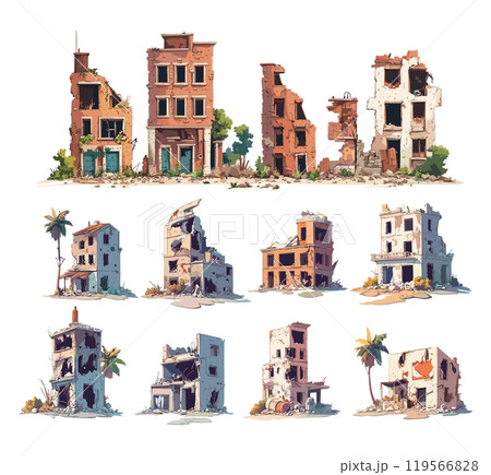 Urban buildings remains cartoon vector set. City destroyed walls brick piles war ruins, devastated abandoned apocalyptic town cataclysm global world disaster demolished isolated illustrations 119566828