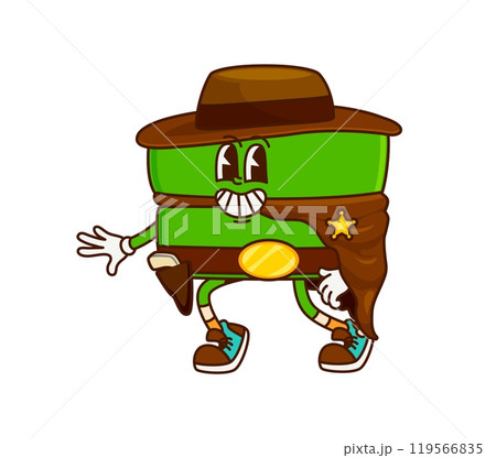 Cartoon groovy cowboy, sheriff, equation math symbol character. Isolated vector retro personage adorned in western gear wrangling equations and ensuring arithmetic justice at the mathematical frontier Cartoon groovy cowboy, sheriff, equation math symbol character. Isolated vector retro personage adorned in western gear wrangling equations and ensuring arithmetic justice at the mathematical frontier 119566835