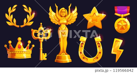cartoon golden award game asset. Vector symbols of achievement, success and recognition. Laurel wreath, crown, scepter, winged statuette or victory figure, shining star, medal or award and horseshoe 119566842