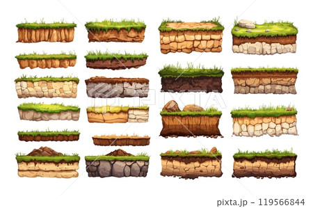 Terrain ground surfaces cartoon vector set. Soil geology layers mud clay turf grass stones loam rocks dirt pebbles earth lands barren desert arid samples, isolated illustrations on white background 119566844