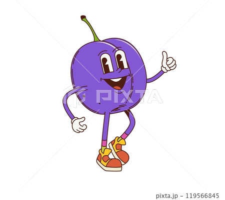Cartoon retro groovy plum fruit character. Isolated vector vintage ripe damson fruit personage wearing gloves and sneakers, striking a fun pose, showing a thumbs-up with a playful and funky expression Cartoon retro groovy plum fruit character. Isolated vector vintage ripe damson fruit personage wearing gloves and sneakers, striking a fun pose, showing a thumbs-up with a playful and funky expression 119566845