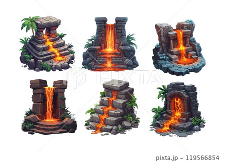 Stone altar magma streams isometry vector set. flame Fire rock boulder molten lava dripping flows ancient shrine temple, old primal sacred sanctuary tropical tribal volcanic ruins, isolated art 119566854