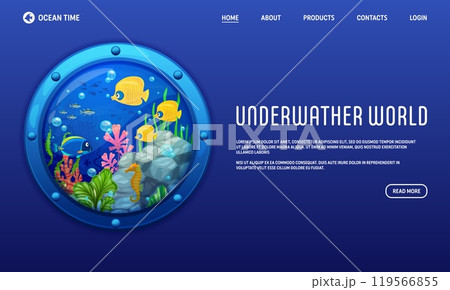 Landing page with porthole and underwater landscape with tropical fish shoal and seaweeds. Vector web banner template captivates the beauty of marine life, invites for ocean and sea aquatic adventures 119566855