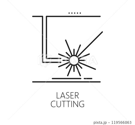 Laser cutting metalwork equipment line icon. Steel cutting production technology line symbol, CNC engraving metalwork industry or laser etching manufacture equipment linear vector icon or pictogram 119566863