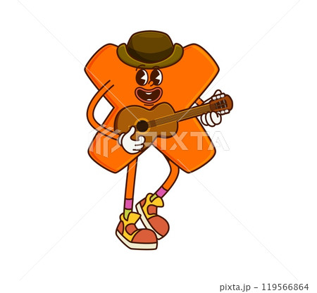 Cartoon groovy cowboy , and bandit multiplication math symbol character plucking tunes on a guitar. Isolated vector whimsical stockrider personage adds a numerical twist to the Wild West adventures 119566864