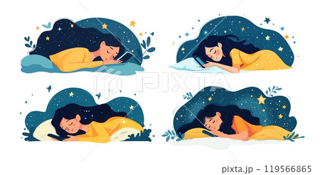 Sleeping girl with smartphone cartoon vector scenes. Woman phone pajama lying in bed social media addiction overuse character, mobile networks night star elements wave background isolated artworks 119566865