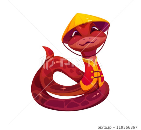 Cartoon snake character represents a playful symbol for the 2025 Chinese lunar year. Cute zodiac reptile animal with happy smiling eyes, wears traditional yellow conical hat and a red-and-gold vest 119566867