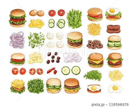 Sandwich hamburger constructor cartoon vector set. Cheese pork garnish onion bun olive pickle ham tomato egg salad meat beef cucumber potato cheeseburger burger fast food quick meal isolated Sandwich hamburger constructor cartoon vector set. Cheese pork garnish onion bun olive pickle ham tomato egg salad meat beef cucumber potato cheeseburger burger fast food quick meal isolated 119566876