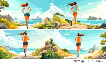Running girl cartoon vector scenes. Woman jogging female marathon back view sport character workout sea ocean road coast shore mountains landscape isolated illustrations 119566877