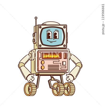 Cartoon retro groovy robot character bot on wheels, vector space rover android. Funny retro robot in groovy cartoon with computer display face and happy smile for cosmic space android or cyborg toy 119566881
