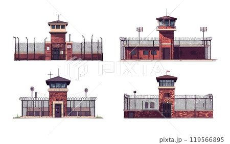 Prison cartoon vector concepts. Watchtower red brick walls jails metal barbed fence wire gate grating isolated guarded security camp, penitentiary prisoners buildings illustrations 119566895