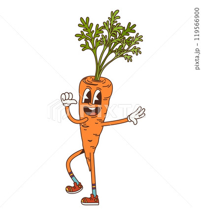 Cartoon groovy carrot vegetable character for retro comic food, vector personage. Groovy funky funny carrot with happy silly face and quirky expression for groovy food emoji in trippy good vibes 119566900