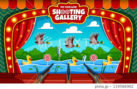 Hunting ducks, carnival shoot game, shooting range or gallery booth with targets and guns. Vector amusement park, carnival or funfair shoot game with cartoon ducks in frame of circus arena, curtains 119566902